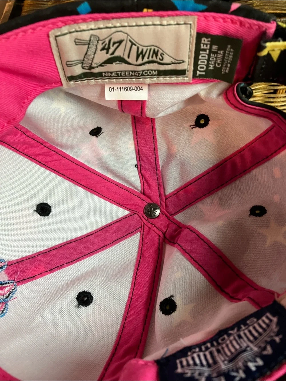 Kids Black Cap with Multicolor Stars & Pink-Blue Logo & FREE lip balm & bracelet